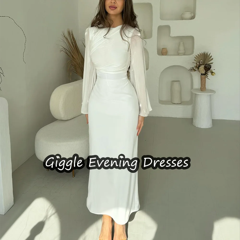 Giggle Chiffon Sheath O-neck Long Sleeves Simple Prom Gown Saudi Arab Ankle Length Elegance Evening Party Dresses for Women 2024