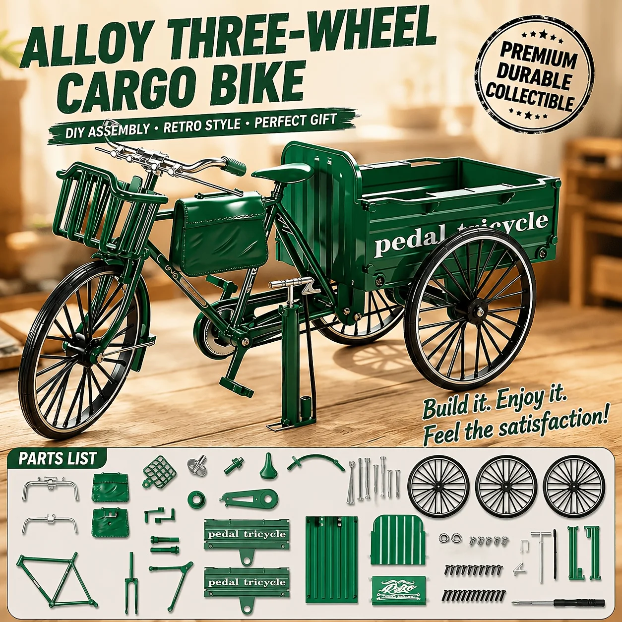 Vintage Classic Tricycle Diy Assembly Model Kit Aluminum Alloy Movable Mechanical Transmission Miniature Ornament Creative Deskt