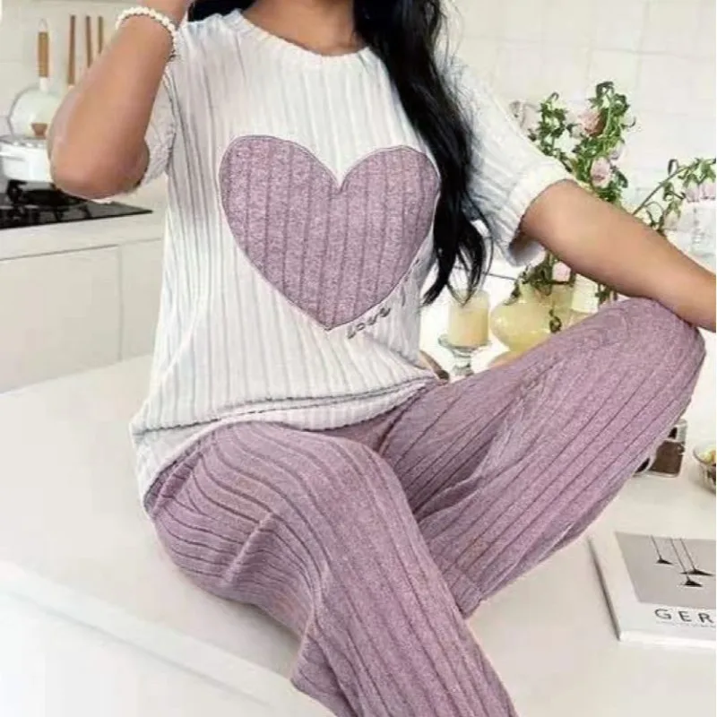 Women's Sleepwear with Heart-shaped Pattern Short Sleeved Shirt Long Pants Two-piece Simple and Cute Casual Home Decor for Women