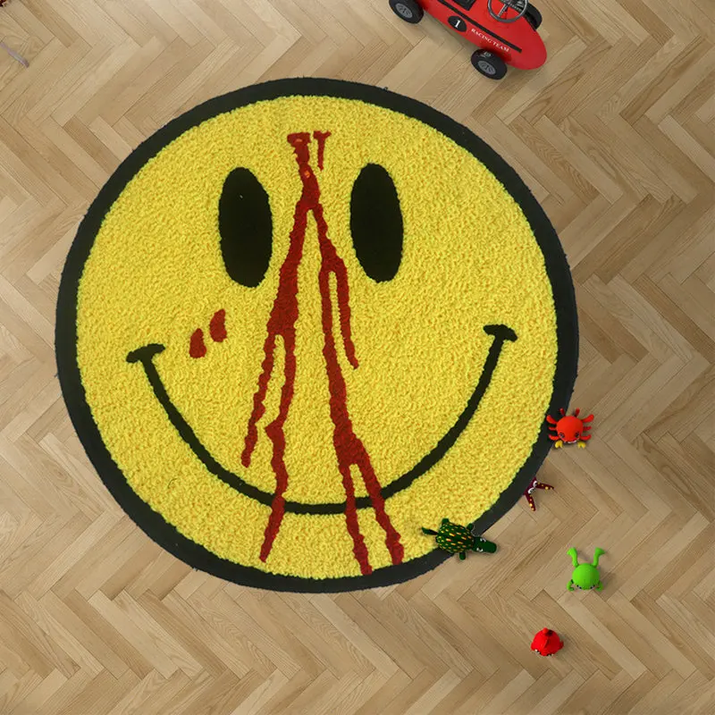 

50cm Trippy Smiling Rug Unique Plush Round Living Room Bedroom Floor Mat Geeky Bedroom Rug Home Decor Non-Slip Bathmat