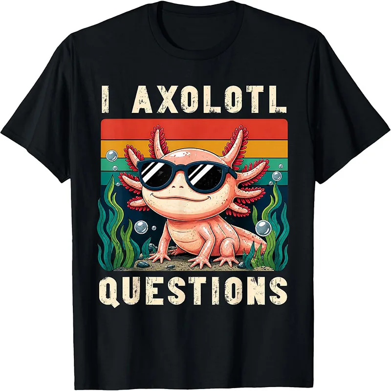 I Axolotl Questions Retro Vintage Axolotl With Sunglasses Graphic T-Shirt Cute Salamander Pun Short Sleeve Tee Tops
