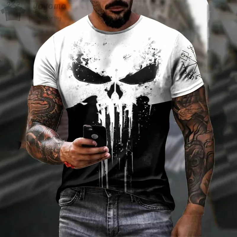 Herren-T-Shirt mit 3D-Druck, militärischer patriotischer Totenkopf, O-Ausschnitt-T-Shirt, übergroßes T-Shirt, kurzärmeliges T-Shirt, Herren-Sportbekleidungsoberteil