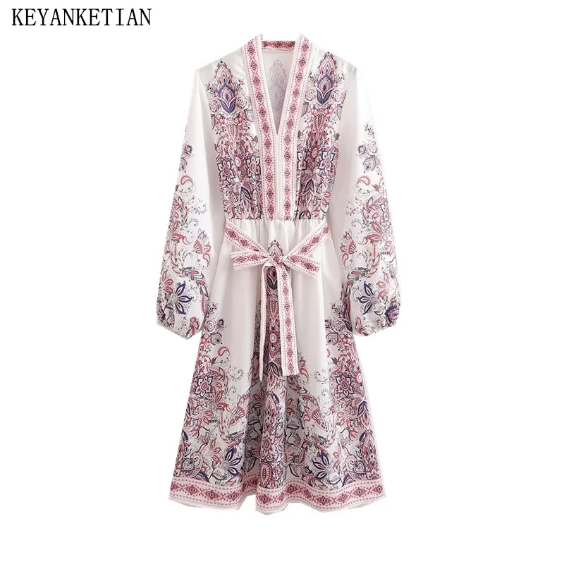 KEYANKETIAN 2024 New Launch Retro Matching Position Print Lantern Sleeve MIDI Dresses Autumn With Belt Women Ethnic style Dress