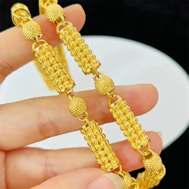 9999 GoldLuxury 24K real gold jewelry hollow cylindrical beads men and women au9999 gold chain European and American accessories