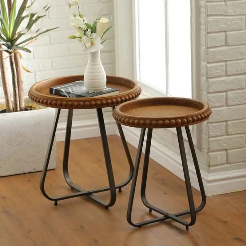 k*-Solid Wood Rattan Woven Coffee Table, Living Room Sofa Side Table, Round Iron Tea Table, Creative Storage Desk,