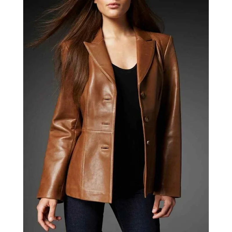 Women's Genuine Lambskin Leather Blazer Hot Jacket Slim Fit Designer Brown Coat