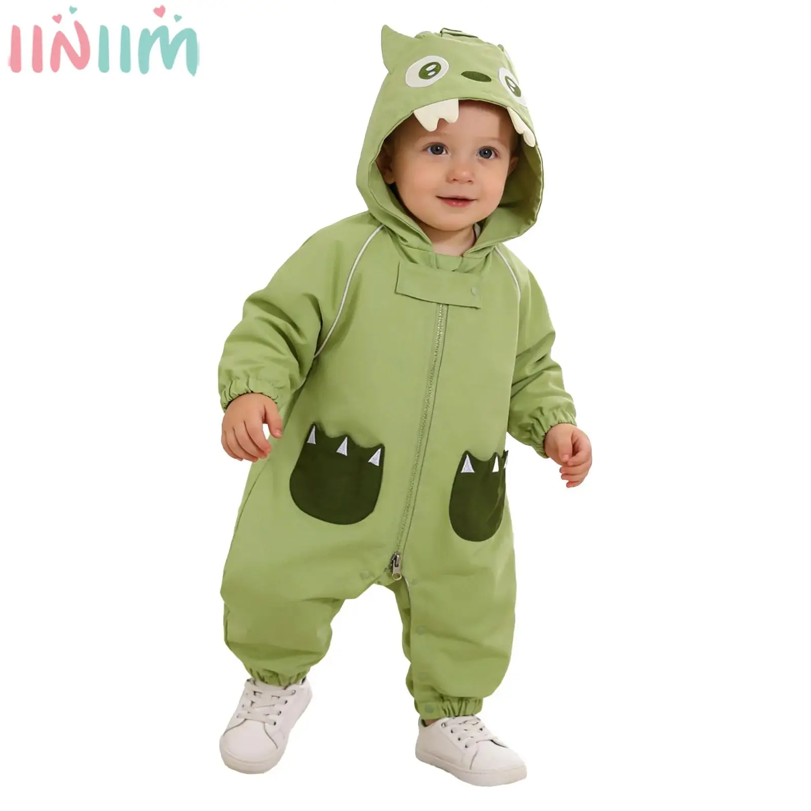 

Baby Boys Girls Cute Animal Hooded Jacket Romper Waterproof Coverall Snow & Rain Suit Long Sleeve Button Crotch Zipper Jumpsuit