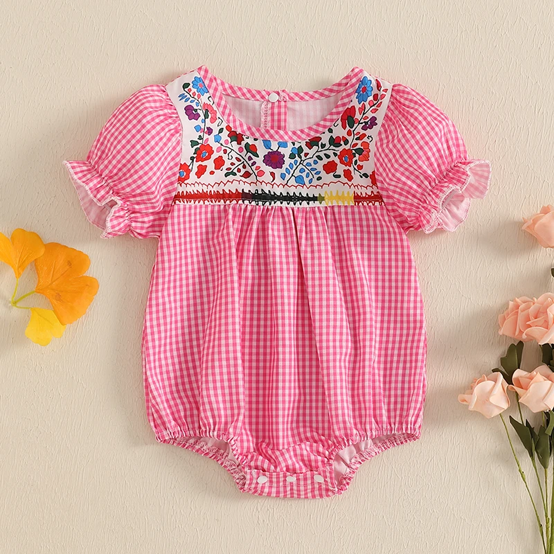 

Baby Summer Clothing Newborn Baby Girl Mexican Style Flower Print Plaid Short Sleeve Romper Jumpsuit Outfits Clothes 0-18M