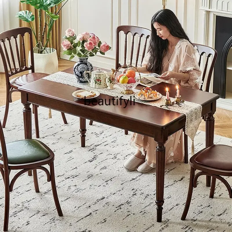z183 Retro style dining table all solid wood French medieval solid wood, household dining table 1.38 meters log table and chairs