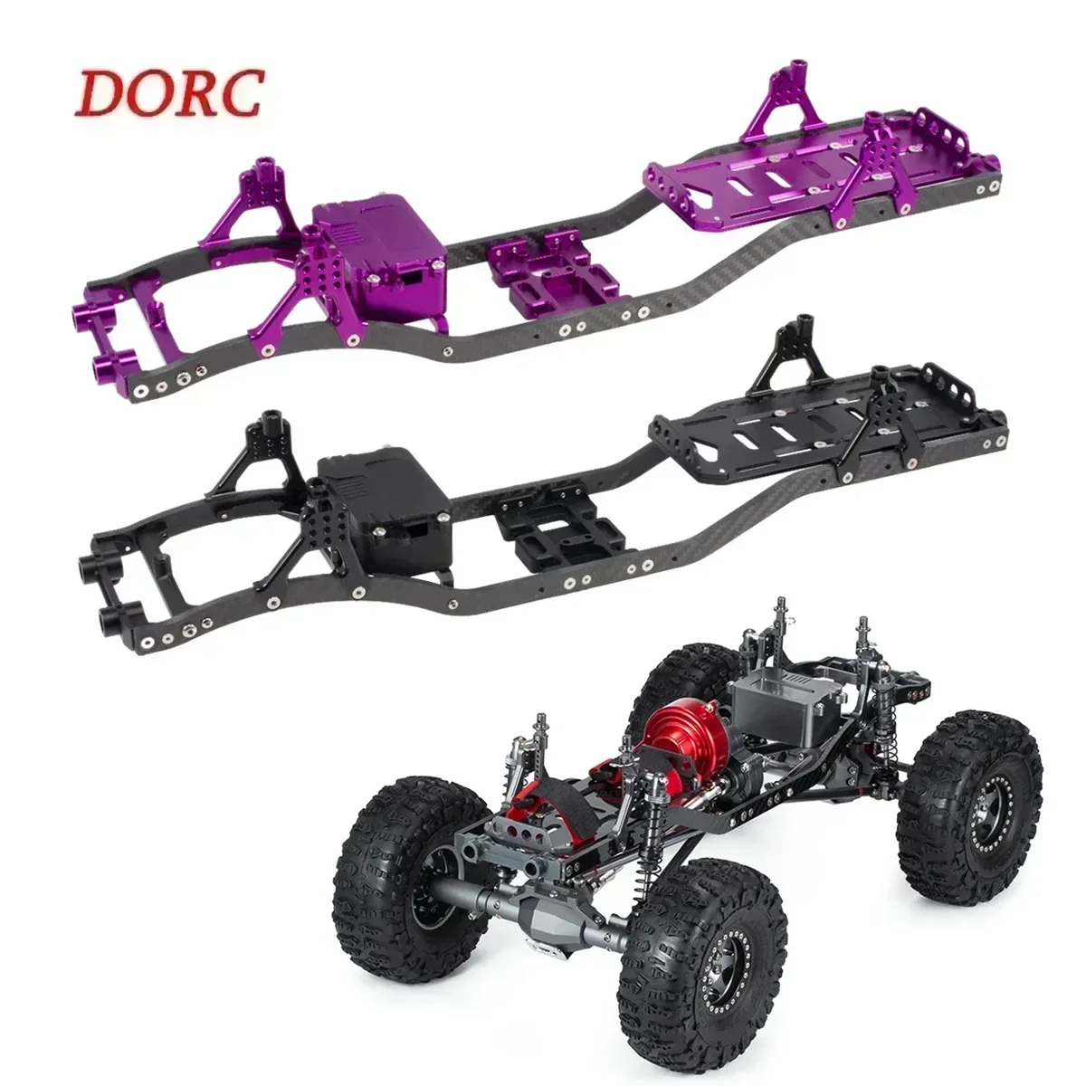 SCX10 Chassis Set for 1/10 RC Crawler w/ Carbon Fiber Rails Metal Brace Skid Plate Adjustable Shock Mount Radio Box Battery Tray