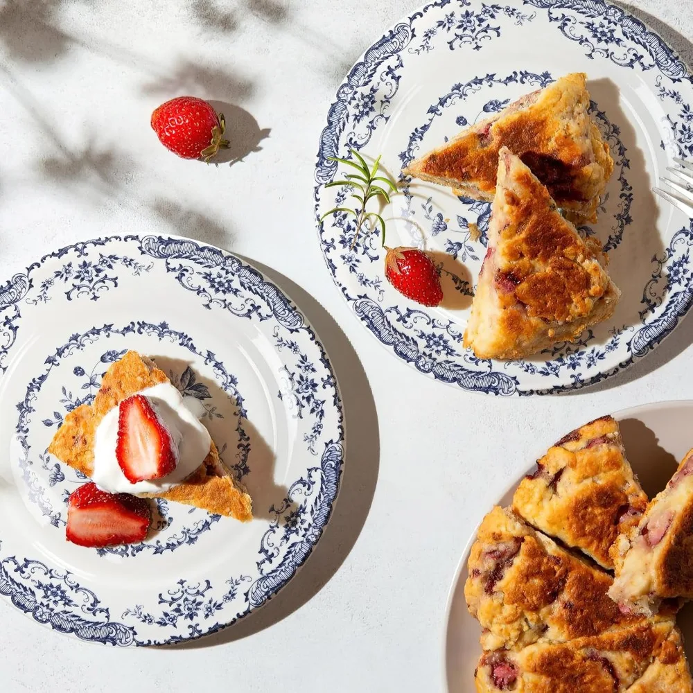 أطباق عشاء، طقم أطباق سيراميك مكون من 6 قطع، أطباق مطبخ آمنة للميكروويف، طبق أبيض للحلوى طبق زهري أزرق بورسلين (ورد أزرق #5