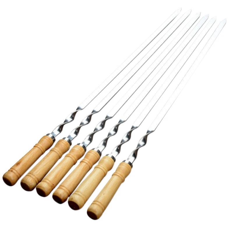 6Pcs 55Cm BBQ Skewers Long Handle Shish Kebab Barbecue Grill Stick Wood BBQ Fork Stainless Steel Outdoors Grill Needle