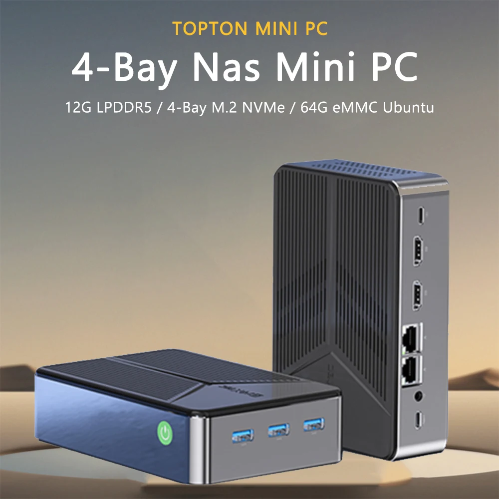 كمبيوتر صغير NAS Intel N150 ثنائي التمهيد Ubuntu Windows 11 Pro Linux كمبيوتر مكتبي 4 * M.2 NVMe فتحات مزدوجة NIC 2.5GbE USB-C 10Gbps