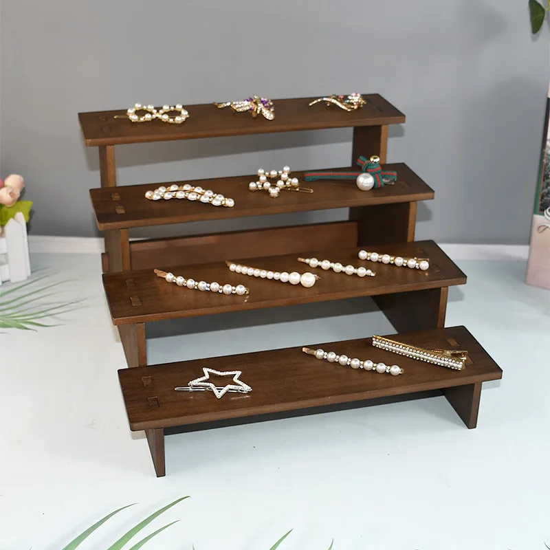 Walnut Wooden Ladder Jewelry Display Rack Storage Shelf Multi Tier Hair Accessories Bangles Organizer for Stall Retail Shop