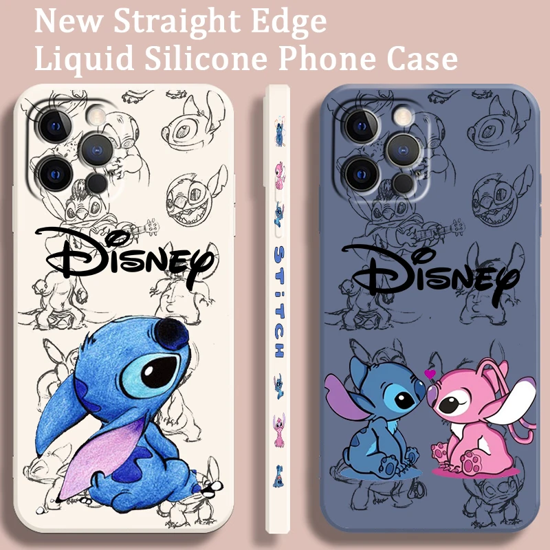 Disney Stitch Blue Cute Liquid Left Rope For Apple iPhone 15 14 13 12 11 XS XR X 8 7 SE Pro Max Plus Mini Soft Phone Case