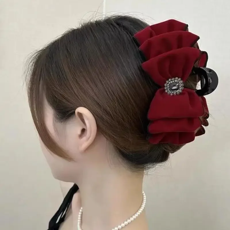 

Double-side High-end Feel Silk Hair Clip Diamonds Big Bow Design Soft Texture Hair Accessories Hairpin Shark Clip for Women