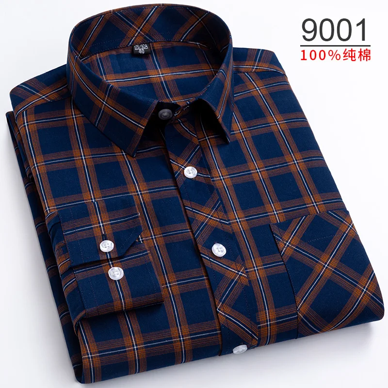 Plus Size S-8XL Men\'s Plaid Shirt Long Sleeve 100% Cotton Casual Slim Buttons Business Social Dress Shirts Blouse Men Clothing