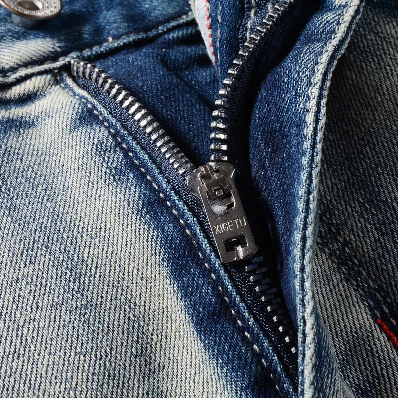 Street Fashion Men Jeans Retro Light Blue Stretch Slim Fit Hole Patched Ripped Jeans Men Embroidery Designer Vintage Denim Pants