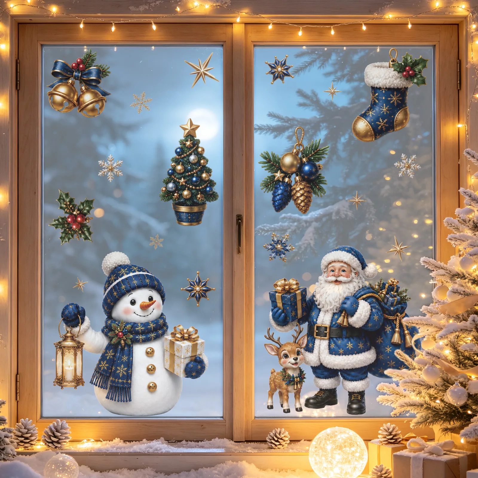 Christmas Static Cling Glass Stickers, Snowflake Snowman Santa Claus Wreath Decals for Mall Shop Window Scene Decoration