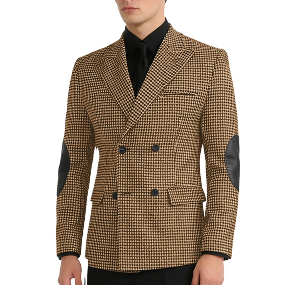 

Men's Houndstooth Double Breasted Blazer with Leather Elbow Patches Peak Lapel Sport Coat Formal Business Wedding Suit Jacket