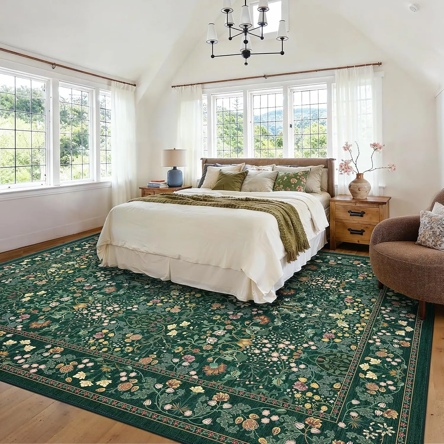 Large Floral Area Rug Durable Edge Binding Comfortable Non Slip Washable Stain Resistant for Living Room Bedroom Dining Room