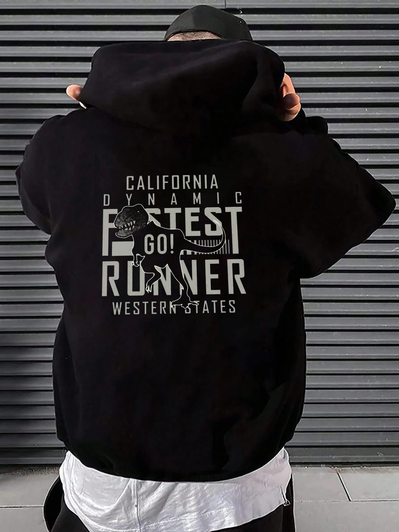 أسرع عداء في كاليفورنيا - سترة بغطاء للرأس بنمط الديناصور والنص - سترة رياضية مع طباعة Tyrannosaurus Rex #1