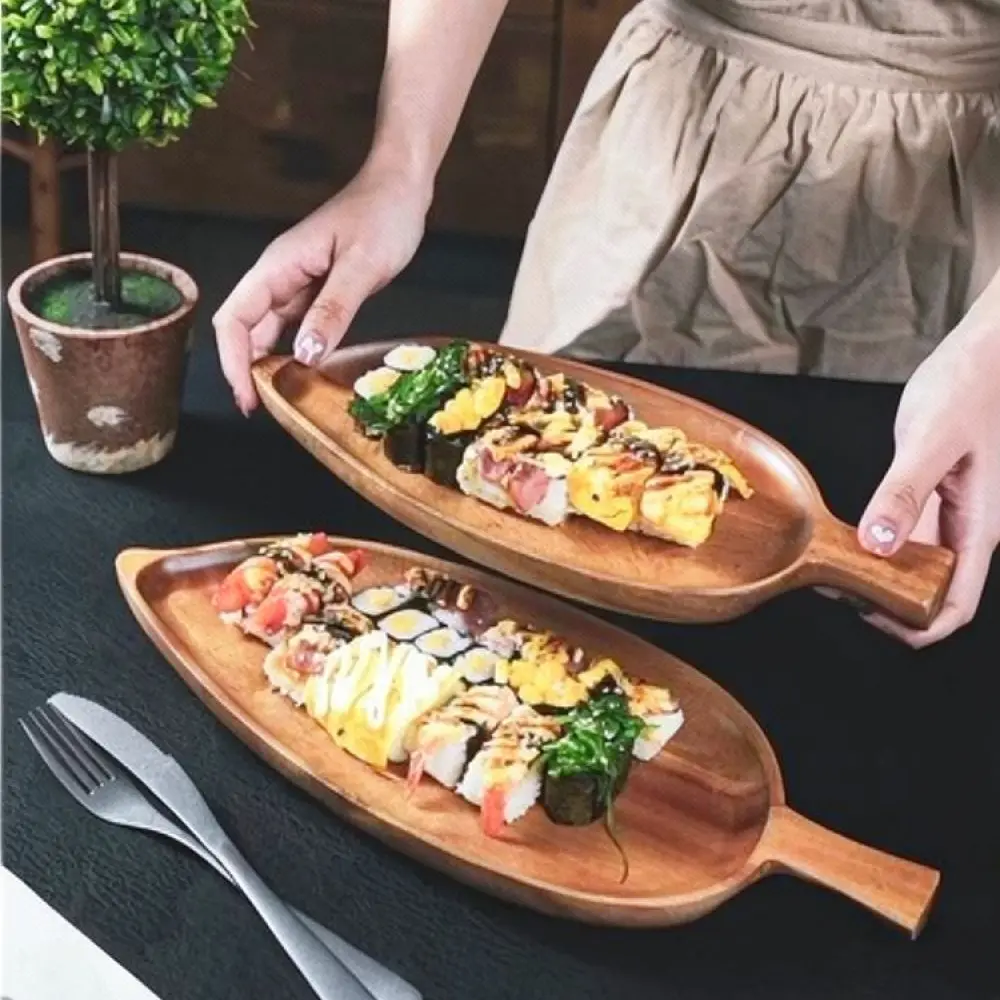 Rustic Style Leaf Shaped Wood Plate Decorative Serving Tray For Sushi Snacks Afternoon Tea Home Kitchen Tableware
