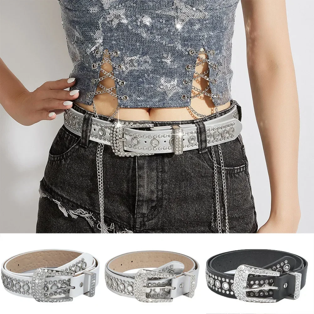 Dames Kristal Diamant Sprankelende Brede Riem Modieuze Water Diamant Pu Riem Verstelbare Trendy Punk Decoratieve Riem
