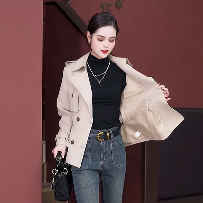 Coreano curto blusão feminino 2025 primavera outono novo casaco cintura trespassado jaqueta feminina coringa estilo ocidental outwear topo