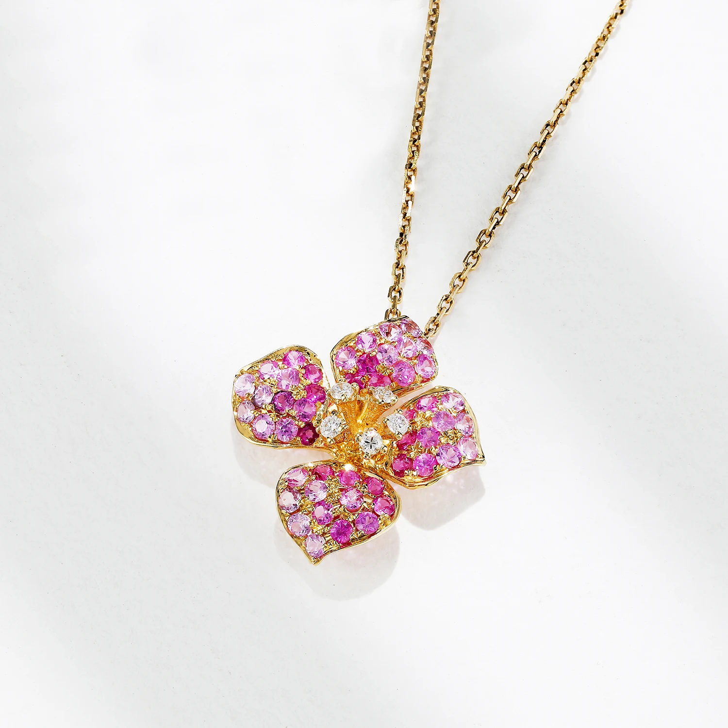 Shruno Pink Sapphire Diamond Pendant Solid 18k Yellow Gold Natural Diamonds Pendant Women Flower Style Art Deco Fine Jewelry