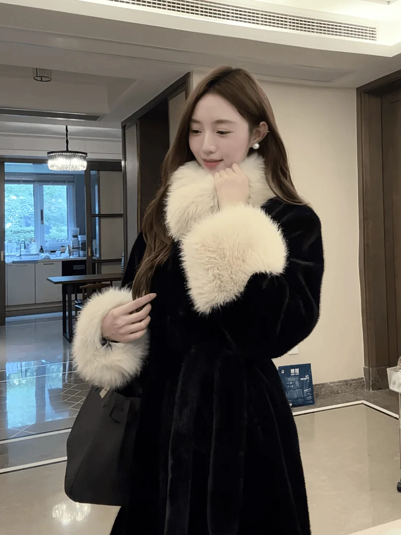 

Mid-Length Coat with Belt European Mink Outerwear Sli Autumn Winter Regular Model Slim Fit Warm Luxury