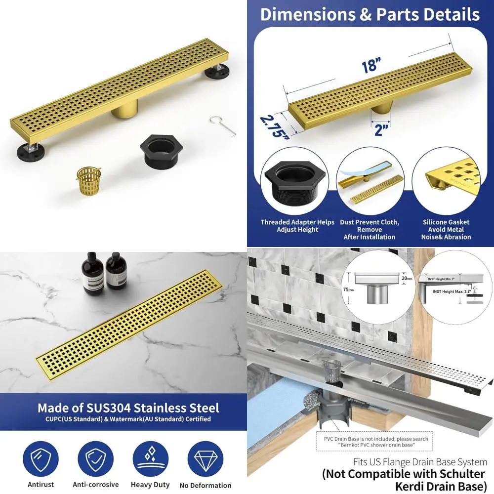 

Rectangular Shower Drain 18-inch, 304 Stainless Steel with Grid Cover and Hair Strainer, Floor Drain CUPC Certified for Bathroom