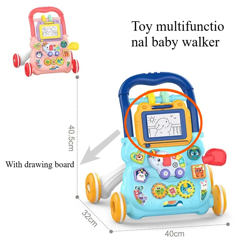 Baby Musical Walker with Artboard Learning Walking Toy for 1-3 Year Olds, Adjustable Assisted Walker with Music Drawing Activity