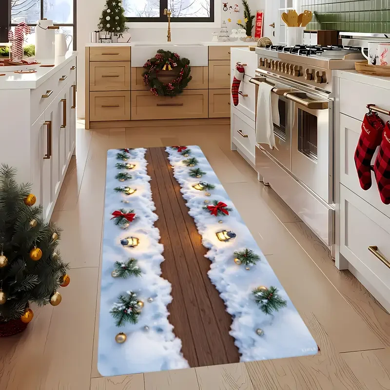Winter Christmas Decoration Runner Pad Rug 3D Visual Effects Snow Christmas Tree Pattern Easy Cleaning Home Decoration Floor Mat