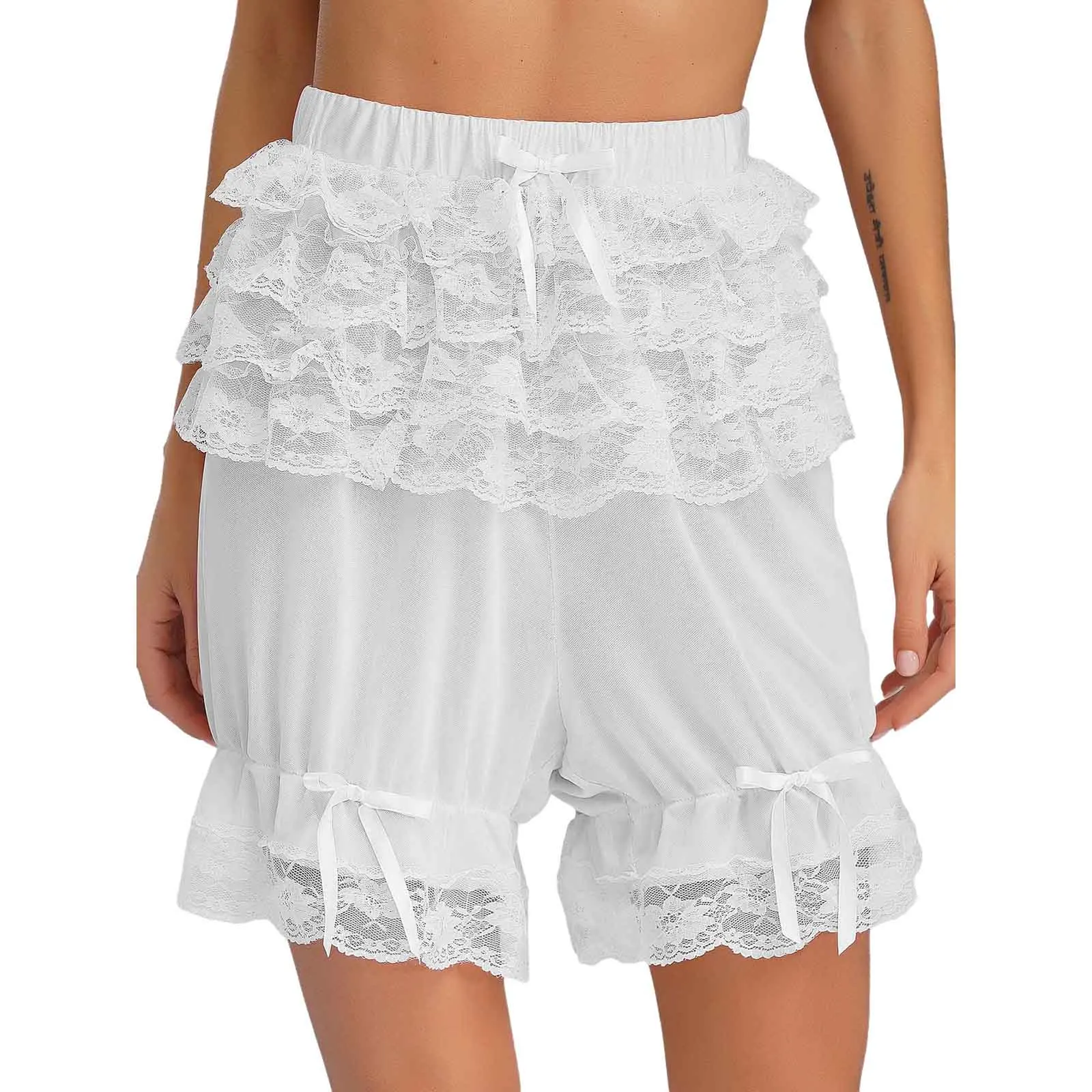 

Женские прозрачные кружевные защитные шорты, многоуровневые шорты с рюшами и бантом, нижняя юбка в стиле Лолиты, викторианские шаровары с тыквой, трусы, трусы