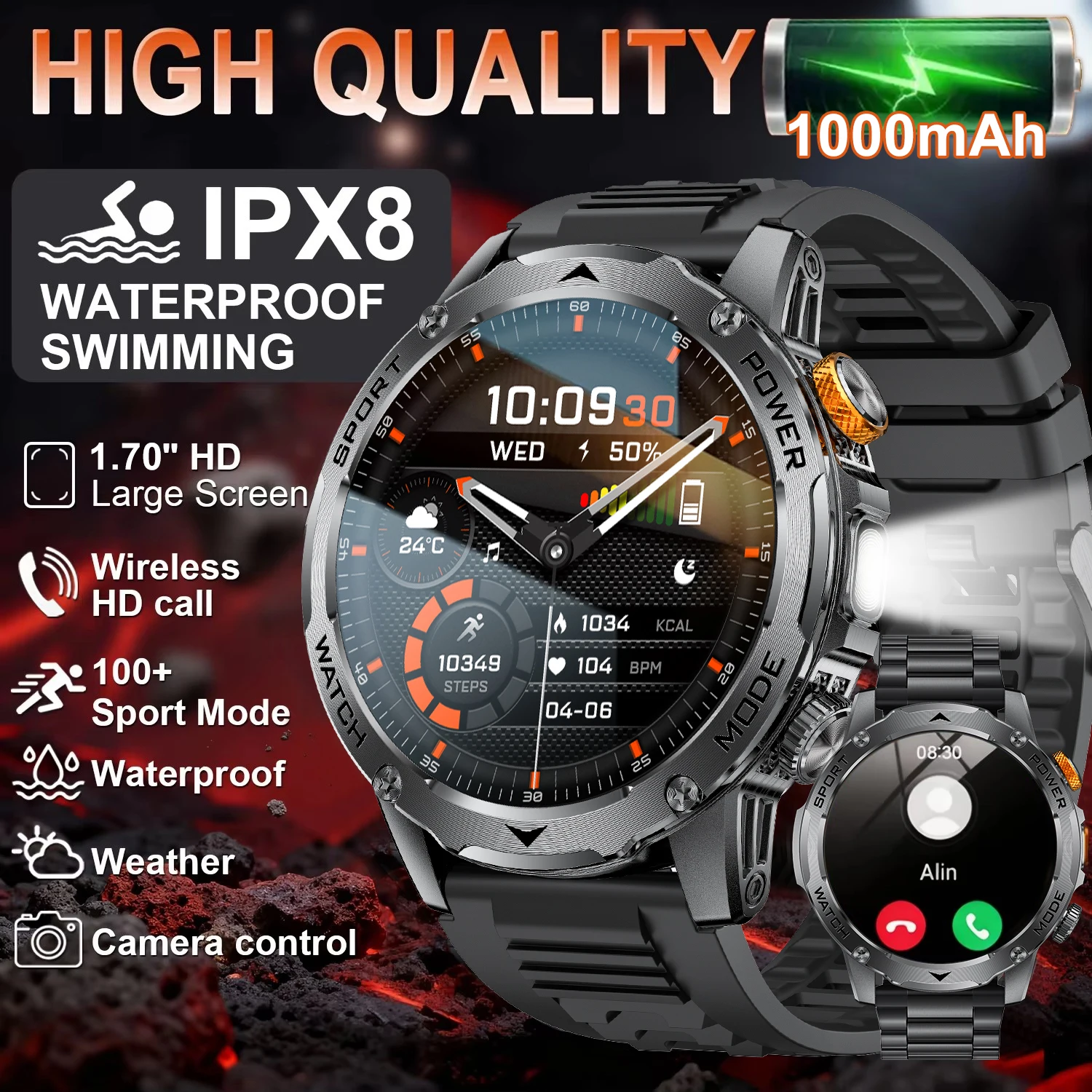 

2026 New Military 1000mAh Battery Smart Watch Men IP68 Waterproof LED Flashlight Heart Rate Monitoring Sports Tracker Smartwatch