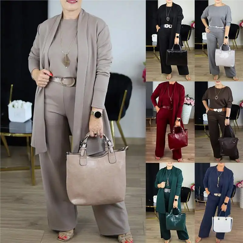 Ensemble de vêtements élégants pour femmes, 3 pièces, manteau Cardigan Long blanc et pantalon à jambes larges, T-shirt, tenue trois pièces pour femmes, automne