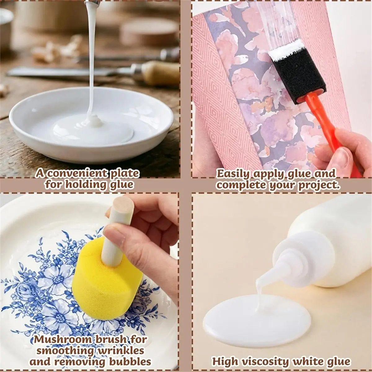 A77K 19 Pcs Essential Decoupage Tool Set 4.1oz Glue Foam Paint Round Sponges Brush Plate Wooden Handle Roller for DIY Project