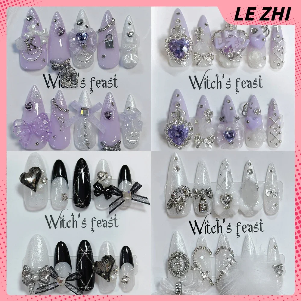 

Japanese Style Long Almond Tip Handmade Wearable Full Cover Nails Metal Bowknot Love Rhinestone French Gradients Press On Nails