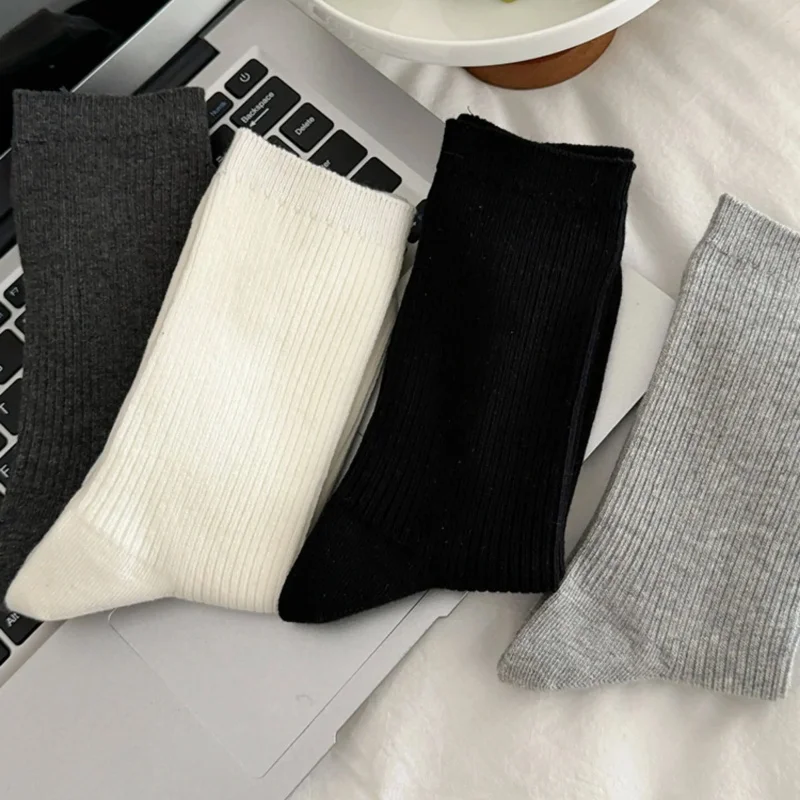 Women's Vertical Striped Knit Mid-Calf Socks Spring Autumn Solid Cotton Long White Four Seasons Stacking Socks Soft Casual Style