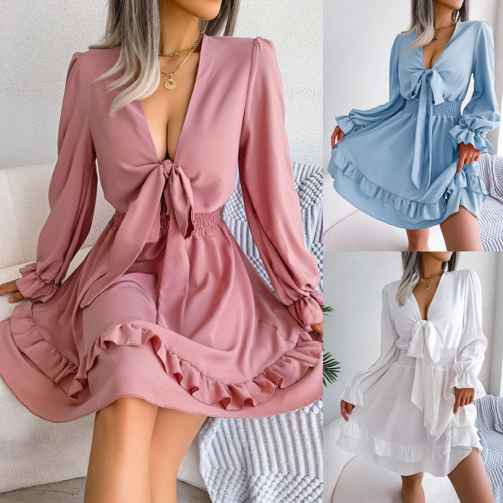 

Sexy Hollow Out Mini Dress Woman Spring Autumn V-neck Long Sleeve Large Swing Dresses Women Elegant White Slim Short Skirt