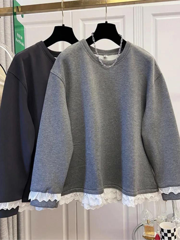 Sweat-shirt grande taille en dentelle pour femme, décontracté, ample, velours, nouveau Style, col rond, manches longues, mélange de coton, automne hiver