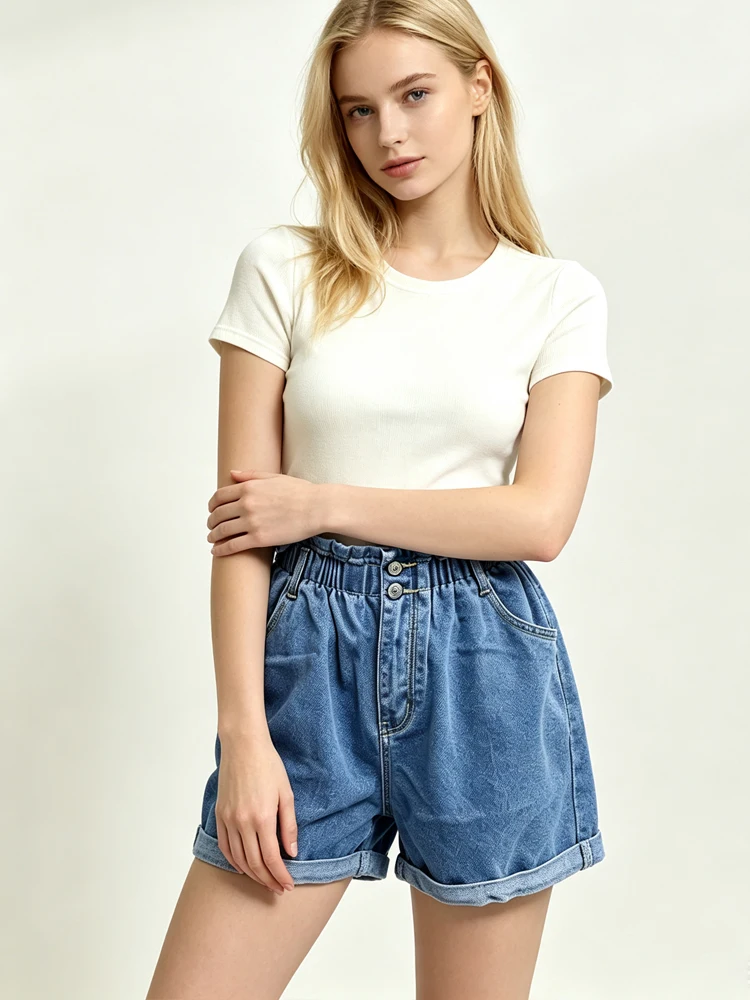 Classic High Waist Denim Shorts Elastic Waist Button Fly Loose Fit Cuffed Jean Shorts Summer Casual Streetwear Hot Pants