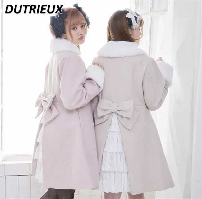 

2023 New Fall Winter New Cute Japanese Style Woolen Coats Women Lolita Long Coat Warm Bow Mid-Length Lace Stitching Trench Coat