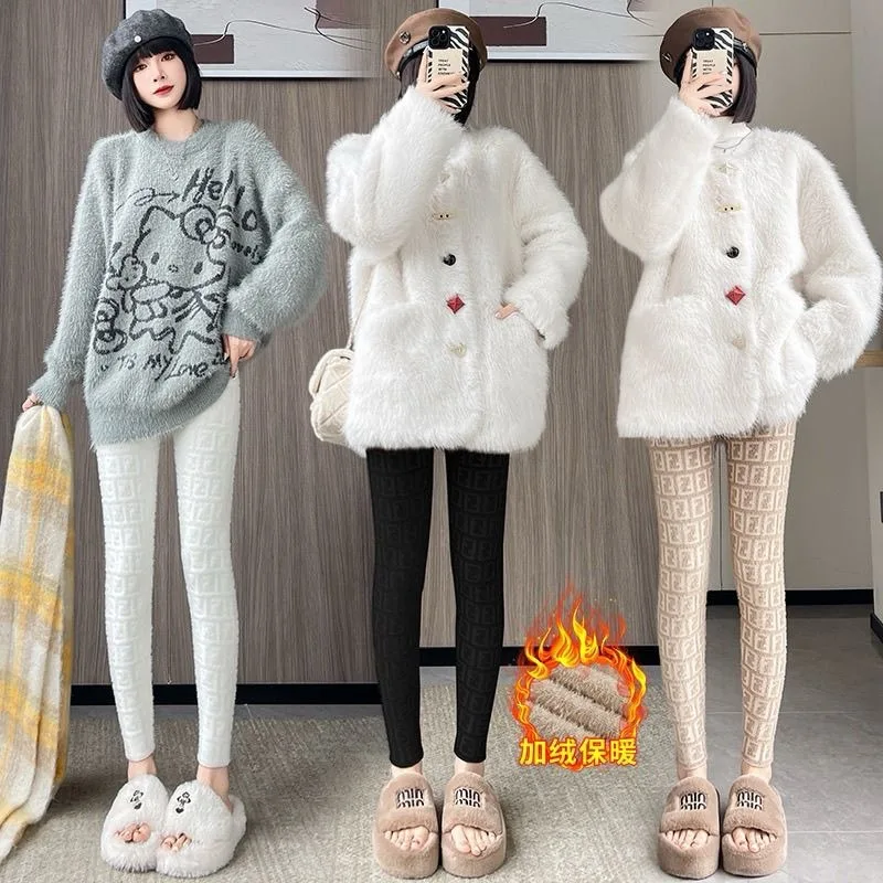 Dick gestrickte warme Nerz-Pelz-Leggings, Herbst-Winter, hohe Taille, schlankmachende, elastische, lässige Leggings