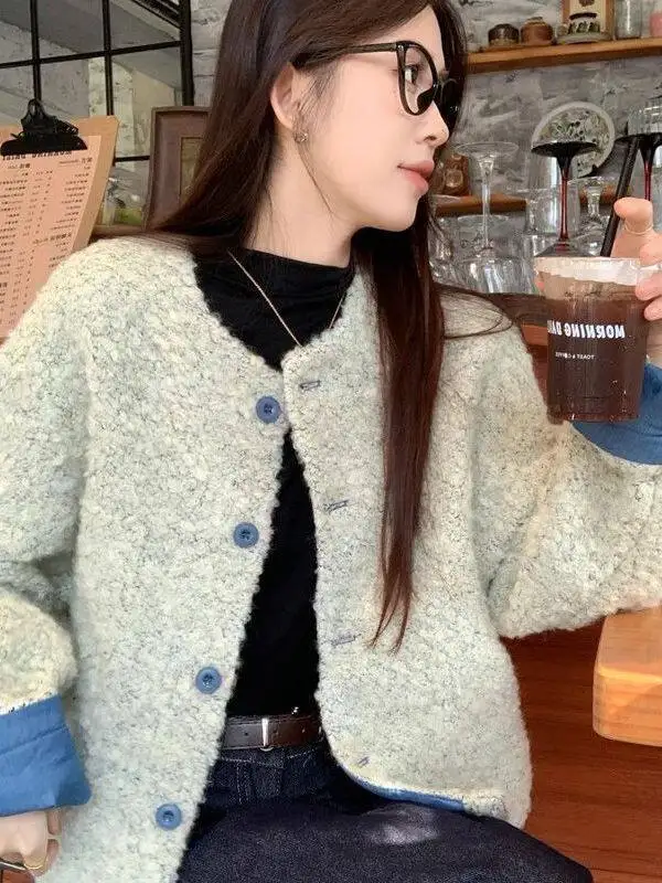 Lamb Fur Jacket Women's Loose Short Sleeve Long Women's Fashion Vintage Color Block Casual Outerwear Warm Polyester Fabric