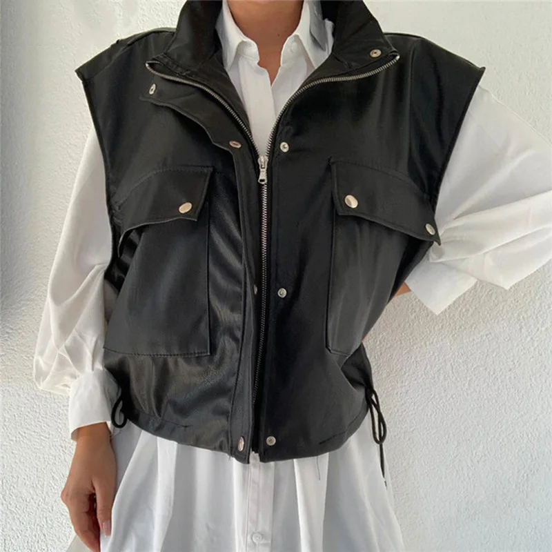 

Faux Leather Jacket Coat Women New Spring Casual Pu Pockets Zipper Shrug Winter Sleeveless Jackets Coats Woman Vest