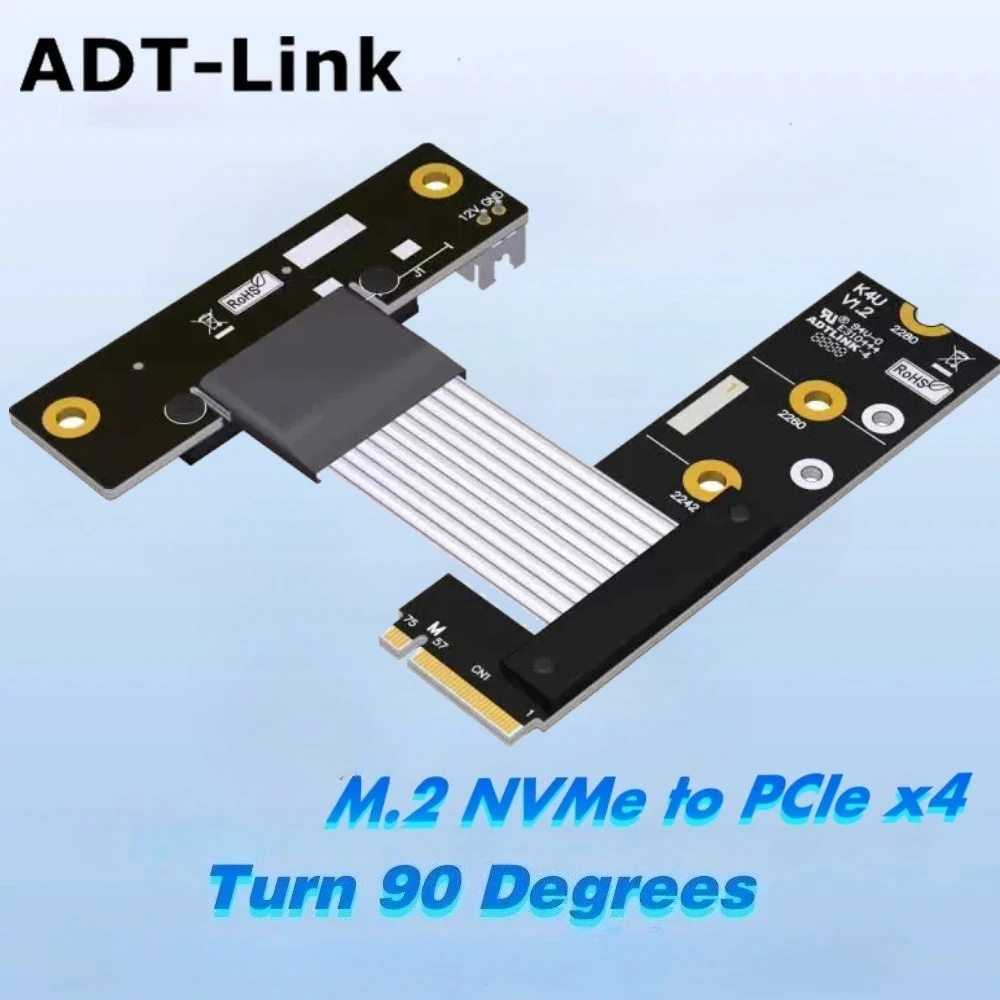 Silver-Plated PCIe 4.0 M.2 NVMe to x4 Adapter Cable Video Card Extension Sata Power Cord M.2 NVMe Key M to PCIe 4x Turn 90 Angle
