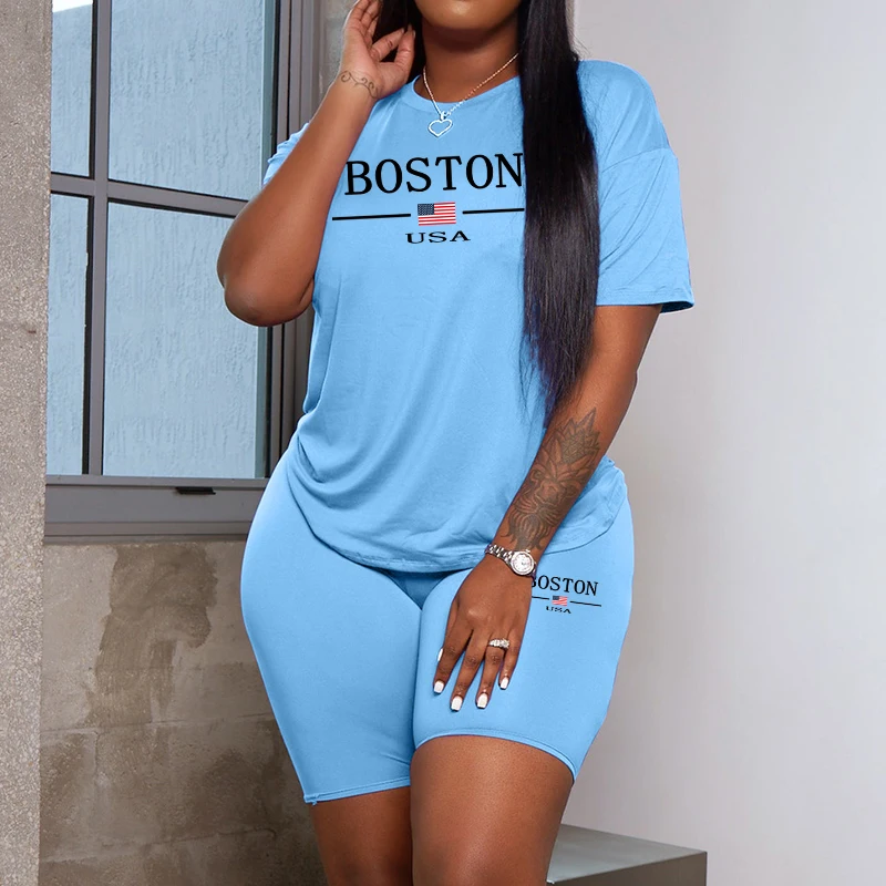 Boston Letter Printed T-shirts and Shorts Summer Hot Sale Women Fashion Tracksuit High Quality Daily Casual Sporty Jogging Suits