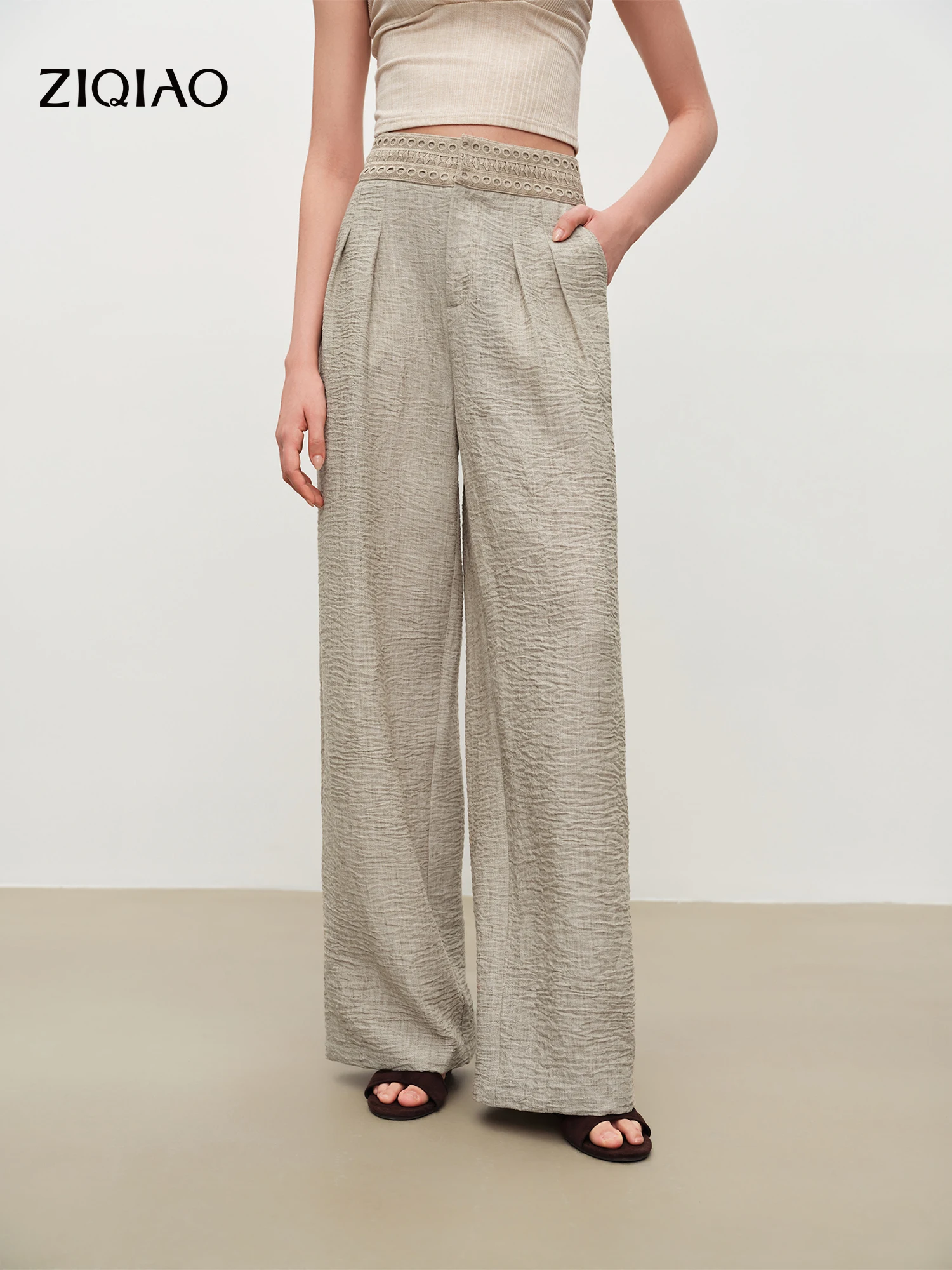 ZIQIAO Damen-Texturhose für den Alltag, lange Hose |   2026 Sommer Neuerscheinung Hochgeschnittene Strickhose mit Spitzenbesatz Lange Gerade Hose